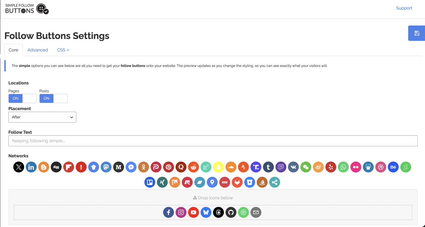 The Simple Follow Buttons settings screen
